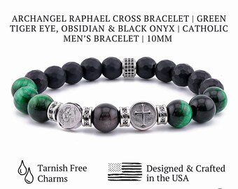 Archangel Raphael Sigil and Cross Bracelet,  – Green Tiger Eye & Matte Black Onyx Healing Protection Religious Gift for Him or Her, Unisex