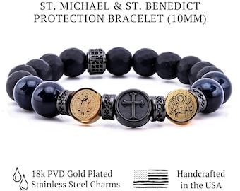 St Michael and St Benedict 18K Gold Plated Protection Bracelet – Blue Tiger Eye & Onyx • Catholic Cross Sigil Jewelry - Men’s Religious Gift