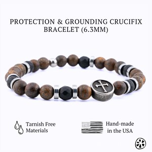 Cross, Bronzite & Black Onyx Matte Stone Bracelet. Christian, Confirmation, Religious Gifts Bracelets, Tarnish-Free Jewels him, her, Unisex.