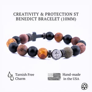 Protection bracelet for men, St. Benedict Catholic jewelry, gemstone charm, hematite, black onyx, Picasso Jasper, religious and gift jewelry