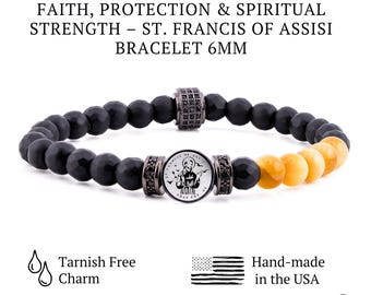 St Francis of Assisi Bracelet for Men, Tiger Eye and Black Onyx 6mm Beads, Catholic Saint Protection Jewelry, Stainless Steel Medal