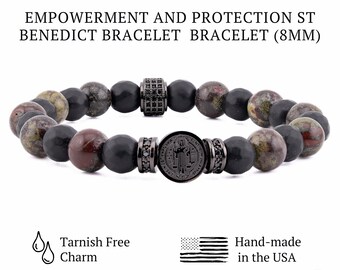Saint Benedict Bracelet for Men. Catholic Protection Jewelry, Black Onyx & Dragon Bloodstone Beads, Unisex Faith Gift, Personalized Bracelet