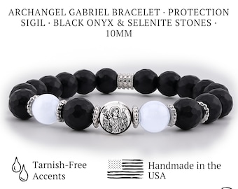 Archangel Gabriel Bracelet · Protection Sigil · Black Onyx & Selenite Beads · Stainless Steel Charm · Healing Gift for Him or Her