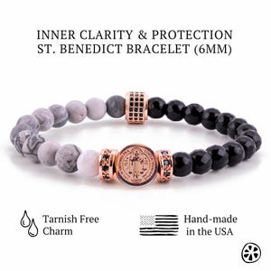 Rosegold St. Benedikt Armband mit Map Jaspis & schwarzem Onyx | Unisex 18K Vergoldeter Edelstahl | Religiöses Geschenk | Anlauffrei Charm