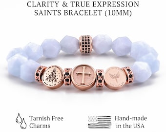 Triple Saint Protection Bracelet St. Michael, Miracle Medal, and Cross. Choose your saint. Aquamarine blue bracelet, Catholic gift for her