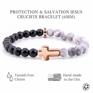Rosegold Kreuz Armband mit Map Jaspis & schwarzem Onyx | Unisex christliches Geschenk | Konfirmation Religiöser Schmuck | 18K Anlaufsicherer Anhänger