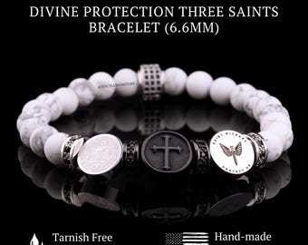 Triple Saint Protection Bracelet, White Howlite, St Michael, St Benedict