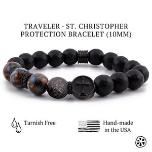 St. Christopher Traveler Protection Bracelet, Lake Blue Cloisonné & Black Onyx 10mm, Tarnish-Free PVD Stainless Steel Catholic Men’s Gift