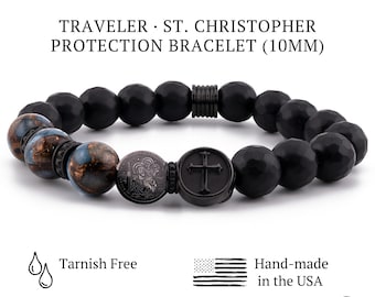 St. Christopher Traveler Protection Bracelet, Lake Blue Cloisonné & Black Onyx 10mm, Tarnish-Free PVD Stainless Steel Catholic Men’s Gift