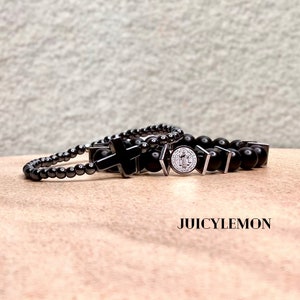 St Benedict Crucifix Custom Sized Stainless Steel Protection Unisex Bracelet, Black Onyx & Hematite Cross. Catholic Gifts for Men and Women