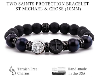 Saint Michael and Crucifix Protection Bracelet – Blue Tiger Eye & Onyx, Catholic Men’s Faith Jewelry, Archangel Religious Unisex Gift