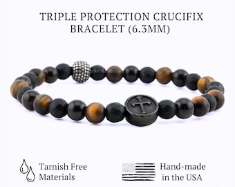 Triple Protection Crucifix Bracelet for Men Women, Catholic Christian Jewelry, Black Onyx Tiger Eye, Handmade USA 6.3mm