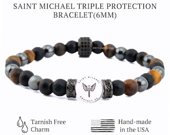 Pulsera de San Benito para hombre, pulsera católica de ángel de la guarda y protección de San Miguel con ónix de ojo de tigre