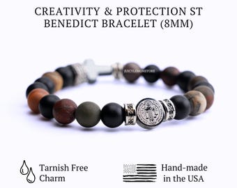 Creativity and Protection St Benedict Bracelet for Men Matte Onyx Hematite Cross
