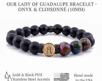 Our Lady of Guadalupe Bracelet for Men & Women, Catholic Jewelry Gift, Black Onyx and Multicolor Cloisonné, 18K PVD Stainless Steel
