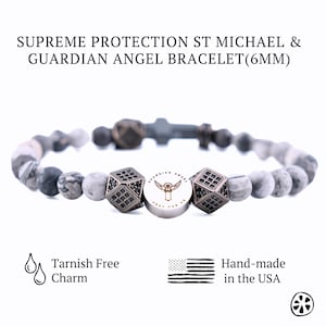 St Michael Archangel & Guardian Angel Double Sided Steel Medal, Protection Bracelet Catholic Gifts For Him, Frosted Map Stone Jasper