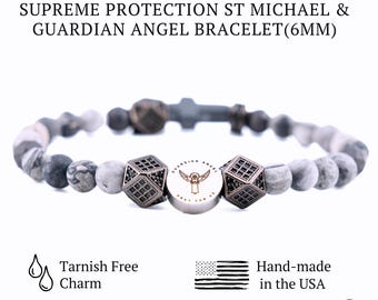 St Michael Archangel & Guardian Angel Double Sided Steel Medal, Protection Bracelet Catholic Gifts For Him, Frosted Map Stone Jasper