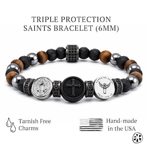 May include: A beaded bracelet with the text "TRIPLE PROTECTION SAINTS BRACELET (6MM)". The bracelet features black, brown, and silver beads, along with charms with crosses and angel designs. The bracelet is hand-made in the USA.