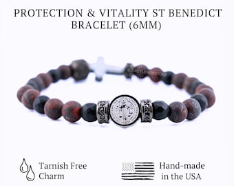 St Benedict Stainless Steel Medal & Red Flower Jasper Triple Protection Bracelet for men. Catholic gift for him/her/unisex. Religious Jewels