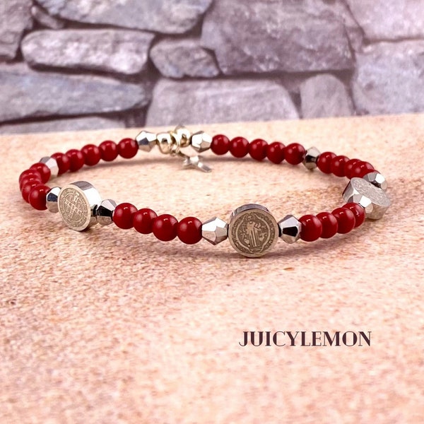 St Benedict Red Jade - Stainless Steel Protection Rosary Bracelet Custom Sized - Ultra Slim Dainty Bracelet. Catholic Gifts for her.