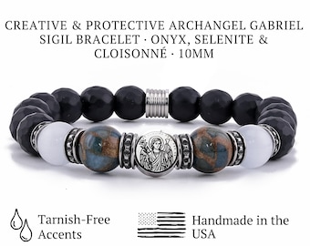 Saint Gabriel Sigil  Protection Bracelet · Black Onyx, Selenite & Cloisonné · Stainless Steel Charm · Catholic Protection Gift for Him/Her