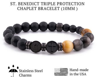 St Benedict Protection Rosary Bracelet for Men, Catholic Chaplet Bracelet, Tiger Eye Black Onyx Obsidian, Religious Gift for Him
