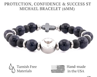St. Michael & Guardian Angel Stainless Steel Charm, Blue Sandstone and Black Onyx Waterproof Protection Bracelet Catholic Gift for Her/Him