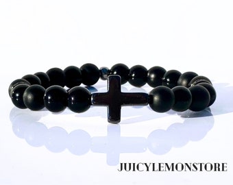 Christian Triple Protection Custom Sized Men Bracelet, Onyx Black Matte, Black Sheer Agate & Hematite Cross Crucifix Religious Gifts for him