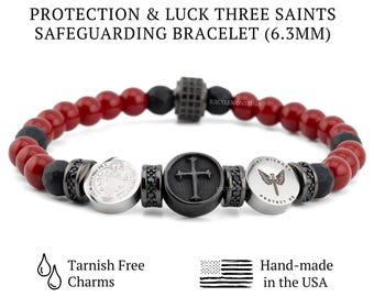 Dreifacher Heiliger Schutz Rotes Armband | St. Michael, St. Benedikt, Jesus Kreuz | Schwarzer Onyx und Jade | Katholisches Geschenk für Sie, Ihn, Unisex