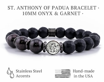 St Anthony of Padua Bracelet · Onyx and Garnet · Tarnish-Free Stainless Steel Charm & Accents · Handmade Catholic Protection Jewelry