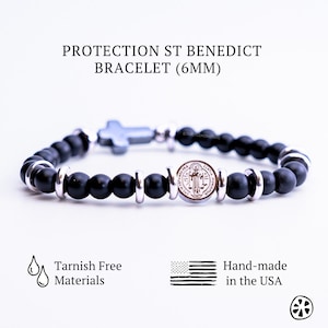 St Benedict Stainless Steel Protection Rosary Bracelet Black Onyx Hematite Cross Religious Gift for him/her Catholic Protection