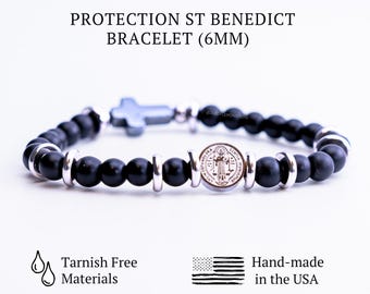 St Benedict Stainless Steel Protection Rosary Bracelet Black Onyx Hematite Cross Religious Gift for him/her Catholic Protection