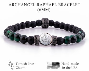 Bracciale con sigillo dell'Arcangelo Raffaele - Protezione curativa in occhio di tigre verde e onice nero opaco / Medaglia del Santo, regalo religioso per lui o per lei, unisex