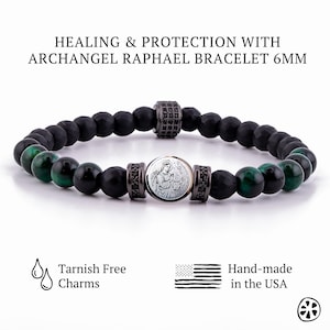 Archangel Raphael Sigil Bracelet – Green Tiger Eye & Matte Black Onyx Healing Protection | Saint Medal Religious Gift for Him or Her, Unisex