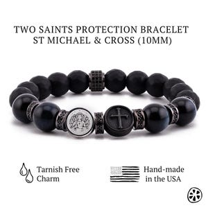 Saint Michael and Crucifix Protection Bracelet – Blue Tiger Eye & Onyx, Catholic Men’s Faith Jewelry, Archangel Religious Unisex Gift