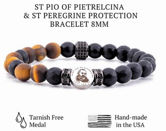 St Padre Pio & St Peregrine Bracelet for Men, Tiger Eye and Black Onyx 8mm Beads, Catholic Saint Protection Jewelry, Stainless Steel Medal