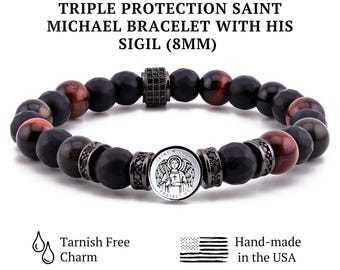 Archangel Michael & his Sigil Tarnish Free, Red Tiger eye, Black Onyx, Obsidian Triple Protection Bracelet.Catholic Religious Gift for Him,