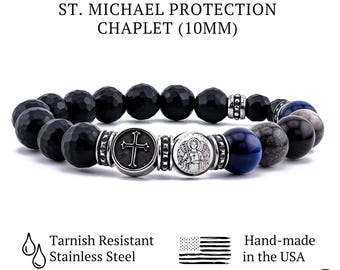 St Michael Rosary Chaplet Bracelet for Men, Catholic Protection Bracelet, Onyx Tiger Eye Obsidian, Police, Nurse, First Responder Gift