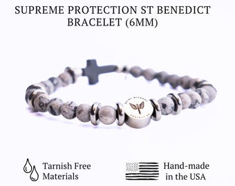 St. Michael Archangel Protection Bracelet for Women – Frosted Jasper, Hematite Crucifix, Catholic Religious Jewelry, Guardian Angel Bracelet