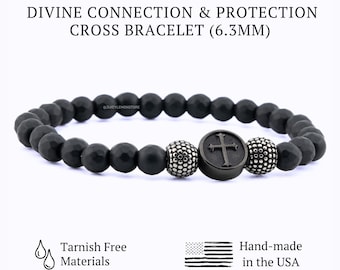 Cross Protection Onyx Black Mate Religious Men Bracelet. Christian gifts for him. Confirmation gift for him, her, unisex bracelet