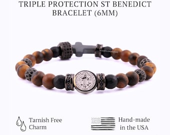 Pulsera de protección de San Benito para hombre, pulsera de cruz católica con ónix y ojo de tigre, regalo de joyería cristiana.
