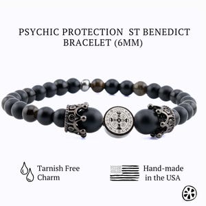 Psychic Protection St. Benedict Steel Medal Bracelet, Black Mate Onyx, Golden Obsidian. Catholic and Religious Gifts for him/her, Unisex