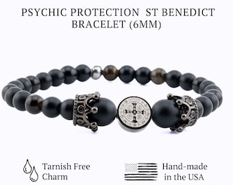 Bracelet de protection psychique avec médaille de Saint Benoît en acier, onyx noir mat et obsidienne dorée. Cadeau catholique et religieux pour homme/femme, unisexe.