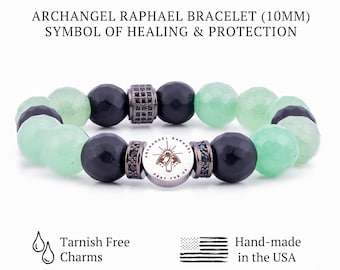Bracciale di protezione in avventurina verde e onice nero opaco dell'Arcangelo Raffaele. Scelta del Santo personalizzato. Regalo di fede e benedizione per lei.