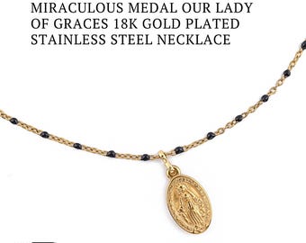 Miraculous Medal Necklace | 18K Gold Plated, Black Enamel Chain