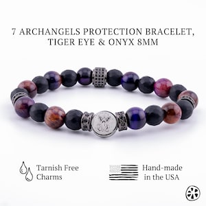 Seven Archangels Sigil Protection Bracelet – Purple Tiger Eye & Matte Black Onyx, Saint Medal Catholic Jewelry Gift for Him or Her, Unisex