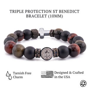 St Benedict, St Michael, Choose Your Saint Bracelet – Triple Protection Catholic Bracelet for Men, Onyx Tiger Eye Obsidian Gift