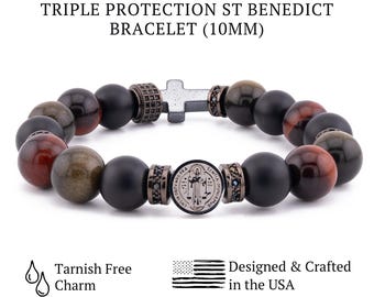 St Benedict, St Michael, Choose Your Saint Bracelet–Triple Protection Inspired DesignCatholic Bracelet for Men, Onyx Tiger Eye Obsidian Gift