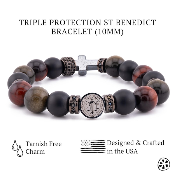 St Benedict, St Michael, Choose Your Saint Bracelet–Triple Protection Inspired DesignCatholic Bracelet for Men, Onyx Tiger Eye Obsidian Gift