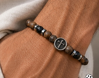 Men’s Protection Bracelet, Cross Bronzite Bracelet, Antique Silver Stainless Steel Medal, Natural Stone, Christian Religious Gift for Men